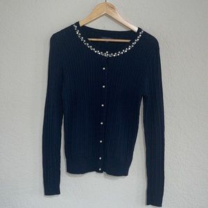 Tommy Hilfiger Angora Navy Cable knit cardigan Sweater pearl/bead collar